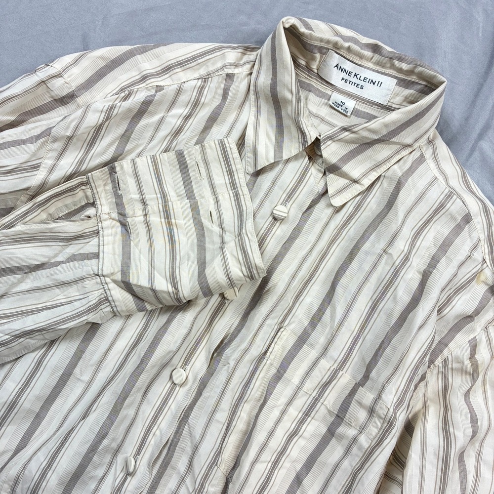 Anne Klein II Silk Blouse Womens 10P Cream Tan Striped Button Down Top VTG 90s